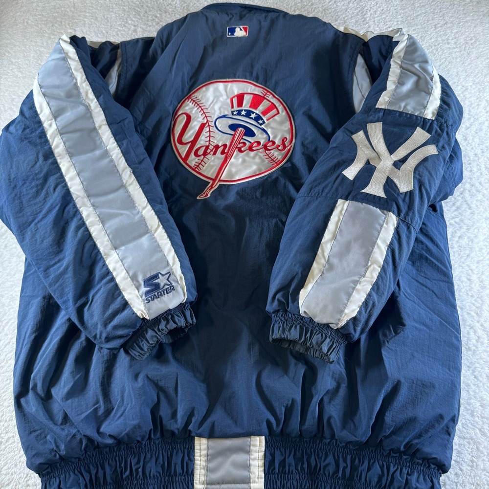 Starter Puffer Jacket Mens Large Blue NY Yankees MLB Vintage Heavy Coat